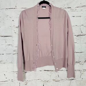 J. Crew 100% Merino Wool 100% Silk Ruffle Trim Button Cardigan Women XS Purple